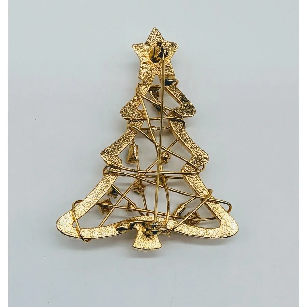 Gold Tone Christmas Tree Multicolor Rhinestone Twisted Wire Brooch Pin
